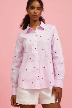 Poplin Heart Embroidery Shirt - Lavender/Red