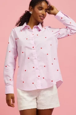Poplin Heart Embroidery Shirt - Lavender/Red