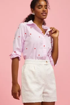 Poplin Heart Embroidery Shirt - Lavender/Red