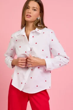 Poplin Heart Embroidery Shirt - White