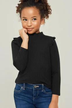 Ribbed Ruffle Mock Neck Long Sleeve Top - Black