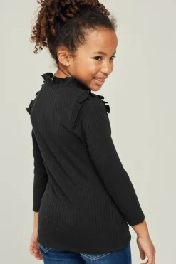 Ribbed Ruffle Mock Neck Long Sleeve Top - Black