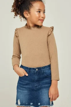 Ribbed Ruffle Mock Neck Top