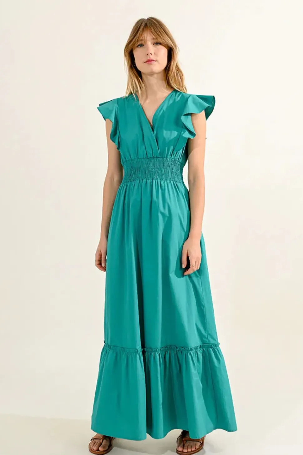 Ruffled V-Neck Dress - Green
