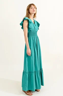 Ruffled V-Neck Dress - Green