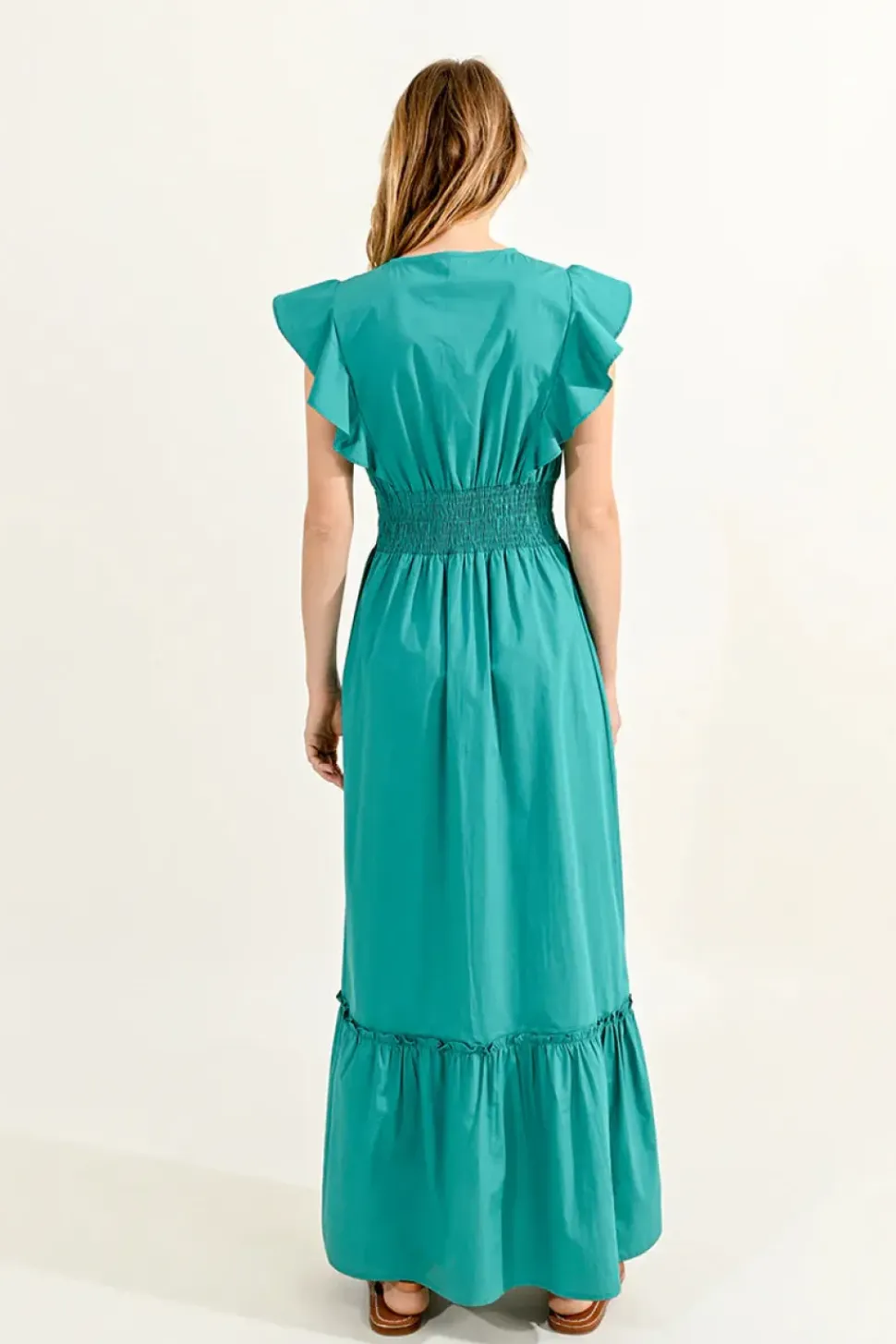 Ruffled V-Neck Dress - Green