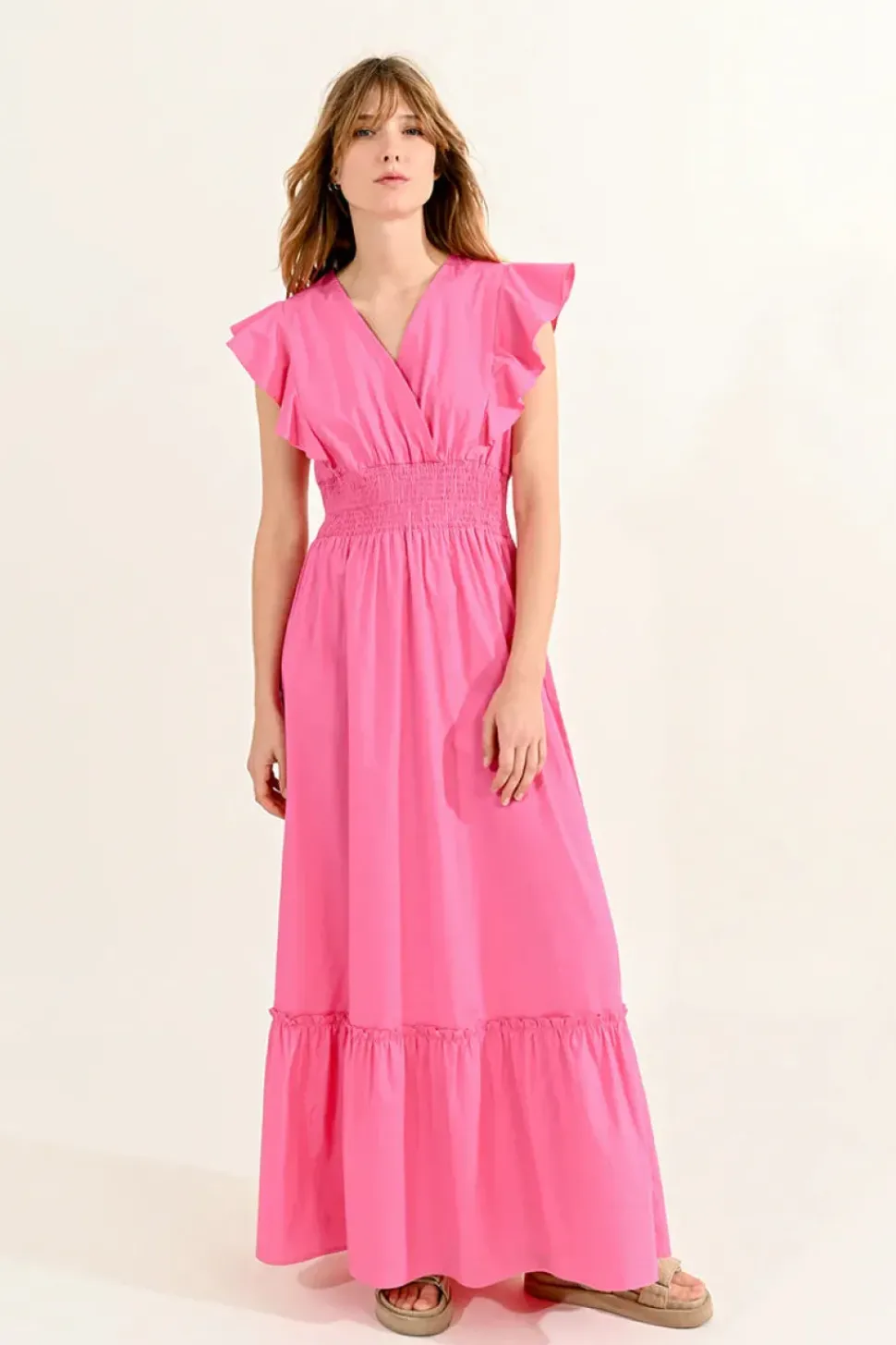 Ruffled V-Neck Dress - Pink