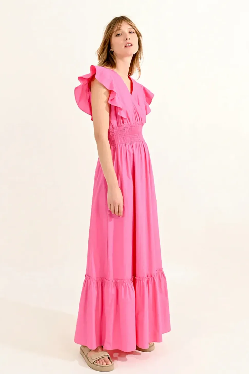 Ruffled V-Neck Dress - Pink