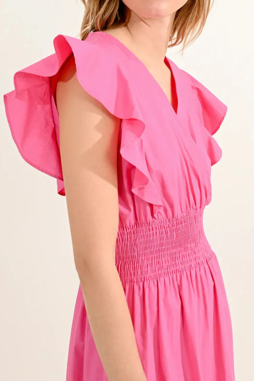 Ruffled V-Neck Dress - Pink