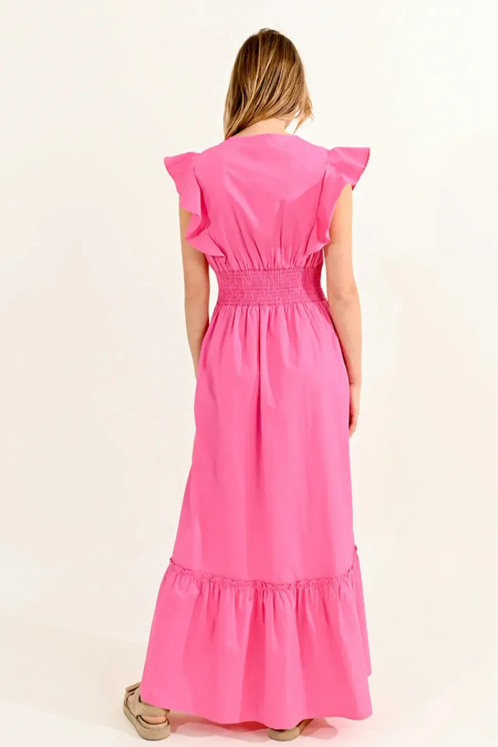 Ruffled V-Neck Dress - Pink