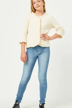 Ruffle Ribbed Knit Buttoned Cardigan