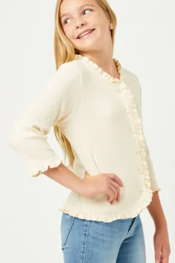 Ruffle Ribbed Knit Buttoned Cardigan