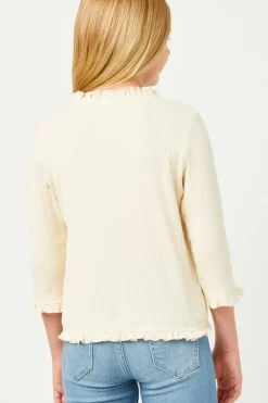 Ruffle Ribbed Knit Buttoned Cardigan