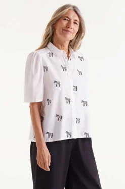 Short Sleeve Embroidered Zebra Print Shirt