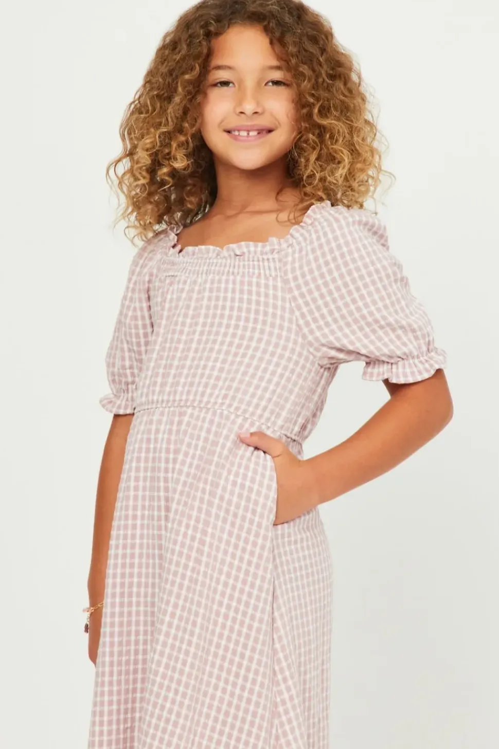 Smocked Puff Sleeve Checkered Dress