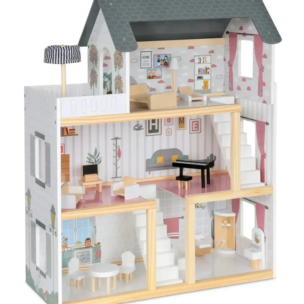 3-Story Wooden Doll House Set W/Elevator, Balcony & Stairs
