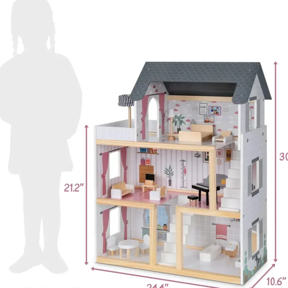 3-Story Wooden Doll House Set W/Elevator, Balcony & Stairs