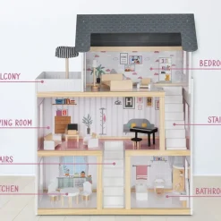 3-Story Wooden Doll House Set W/Elevator, Balcony & Stairs