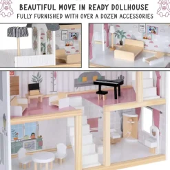 3-Story Wooden Doll House Set W/Elevator, Balcony & Stairs