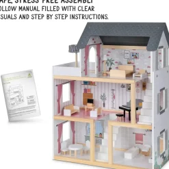 3-Story Wooden Doll House Set W/Elevator, Balcony & Stairs