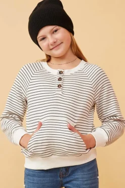 Striped Kangaroo Pocket Long Sleeve Henley - Ivory