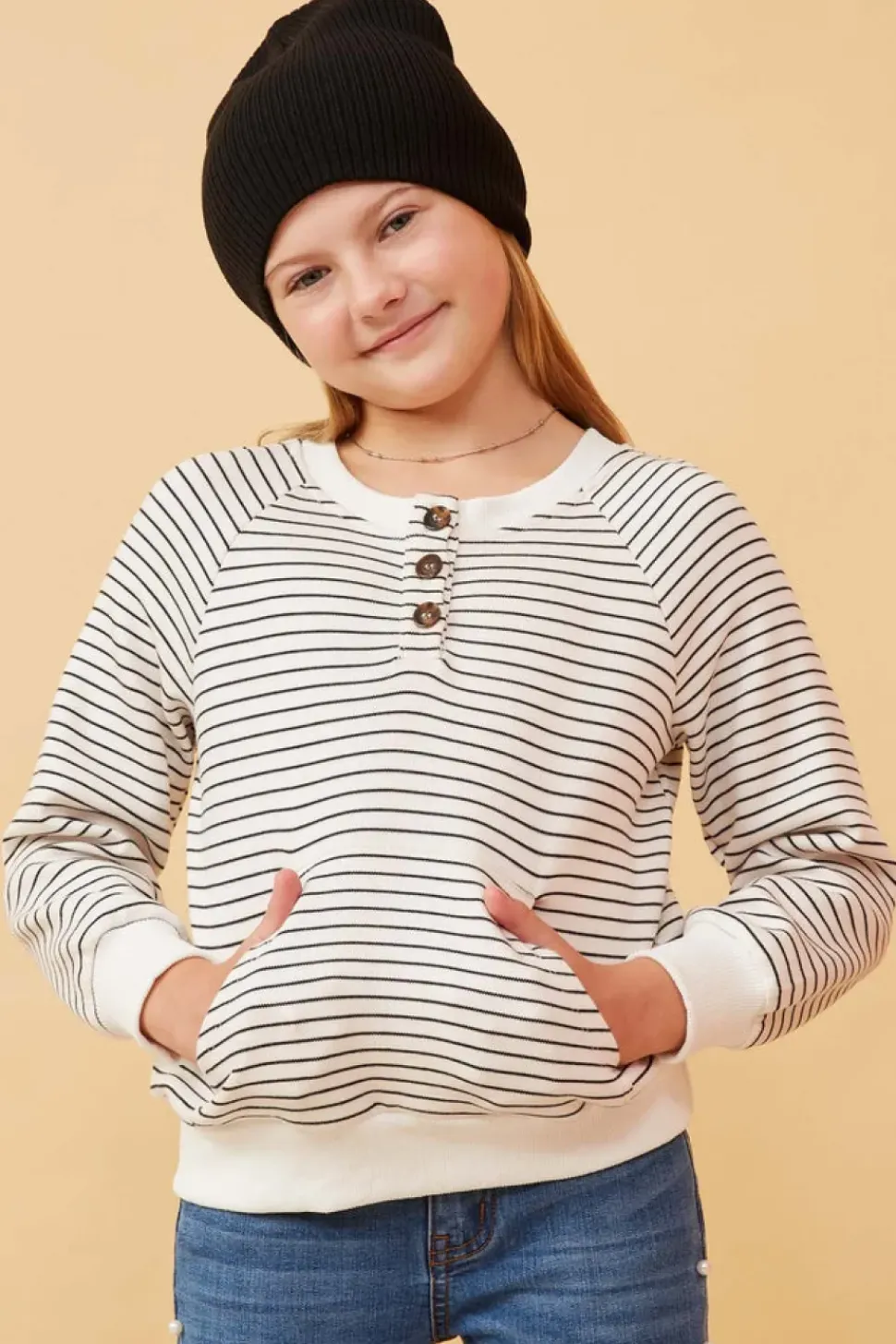 Striped Kangaroo Pocket Long Sleeve Henley - Ivory
