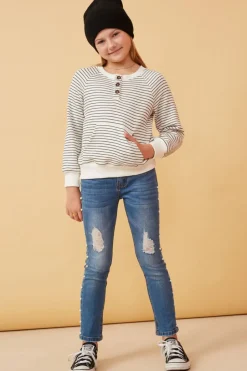 Striped Kangaroo Pocket Long Sleeve Henley - Ivory