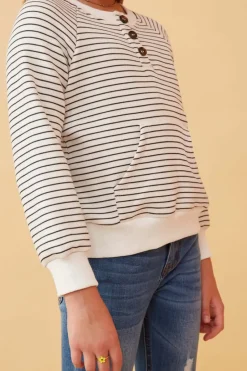 Striped Kangaroo Pocket Long Sleeve Henley - Ivory