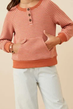 Striped Kangaroo Pocket Long Sleeve Henley - Rust