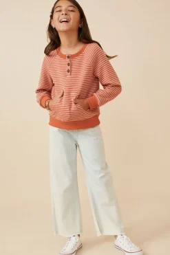 Striped Kangaroo Pocket Long Sleeve Henley - Rust