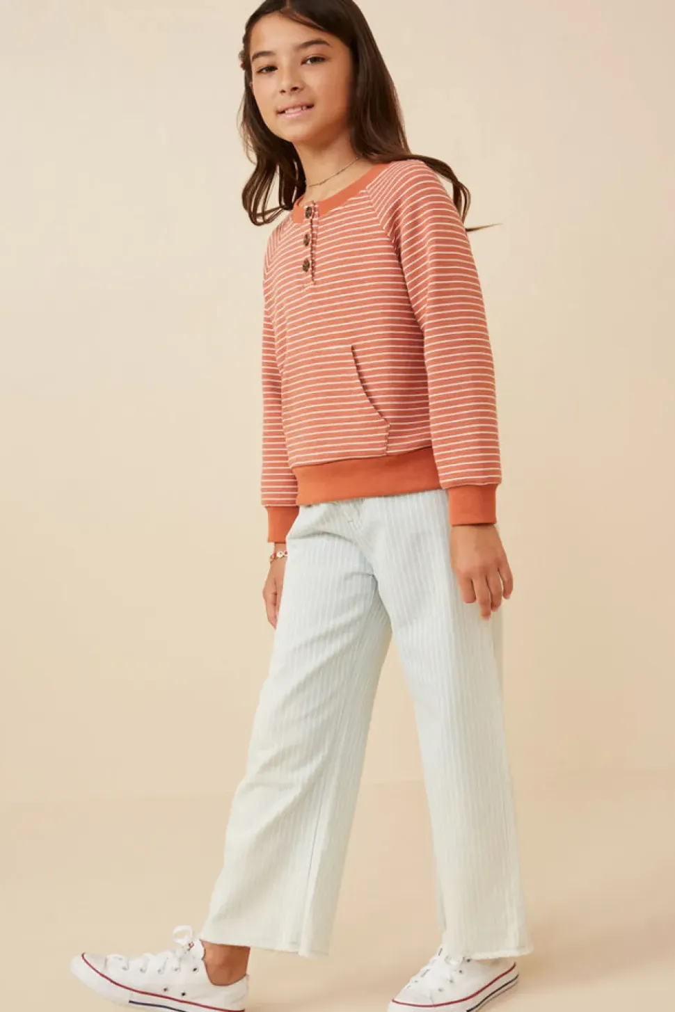 Striped Kangaroo Pocket Long Sleeve Henley - Rust