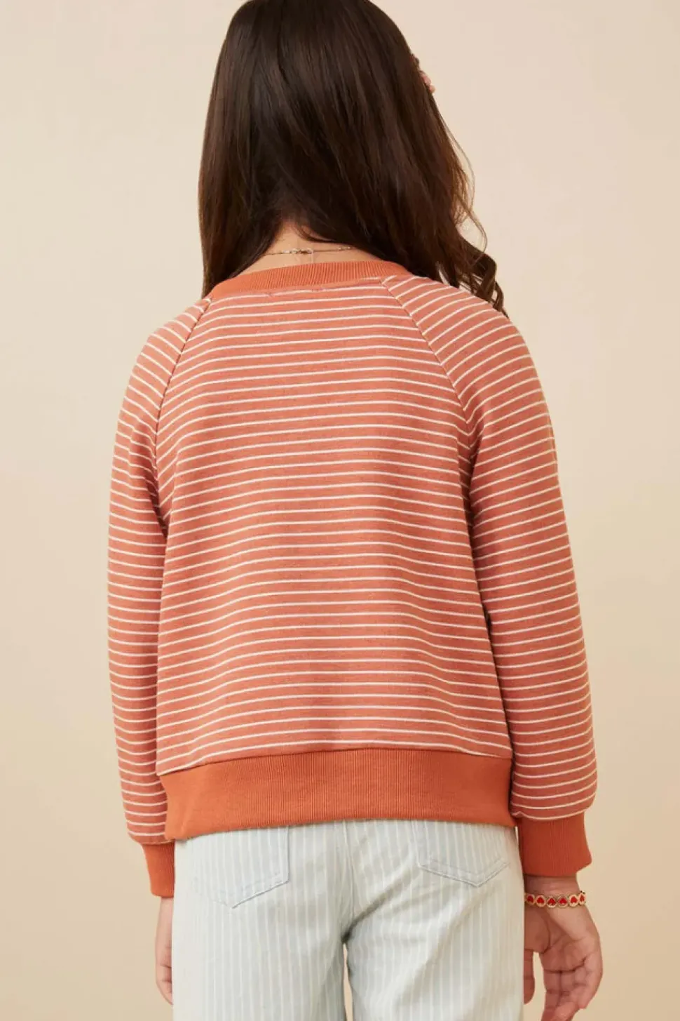 Striped Kangaroo Pocket Long Sleeve Henley - Rust