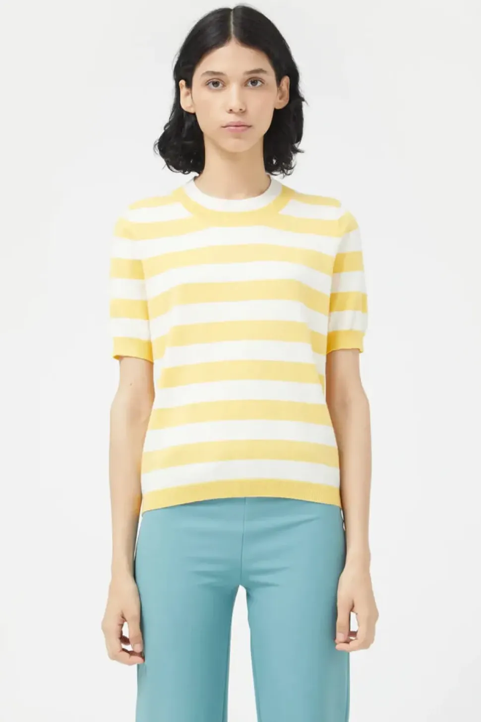 Striped Short Sleeve Sweater - Yellow