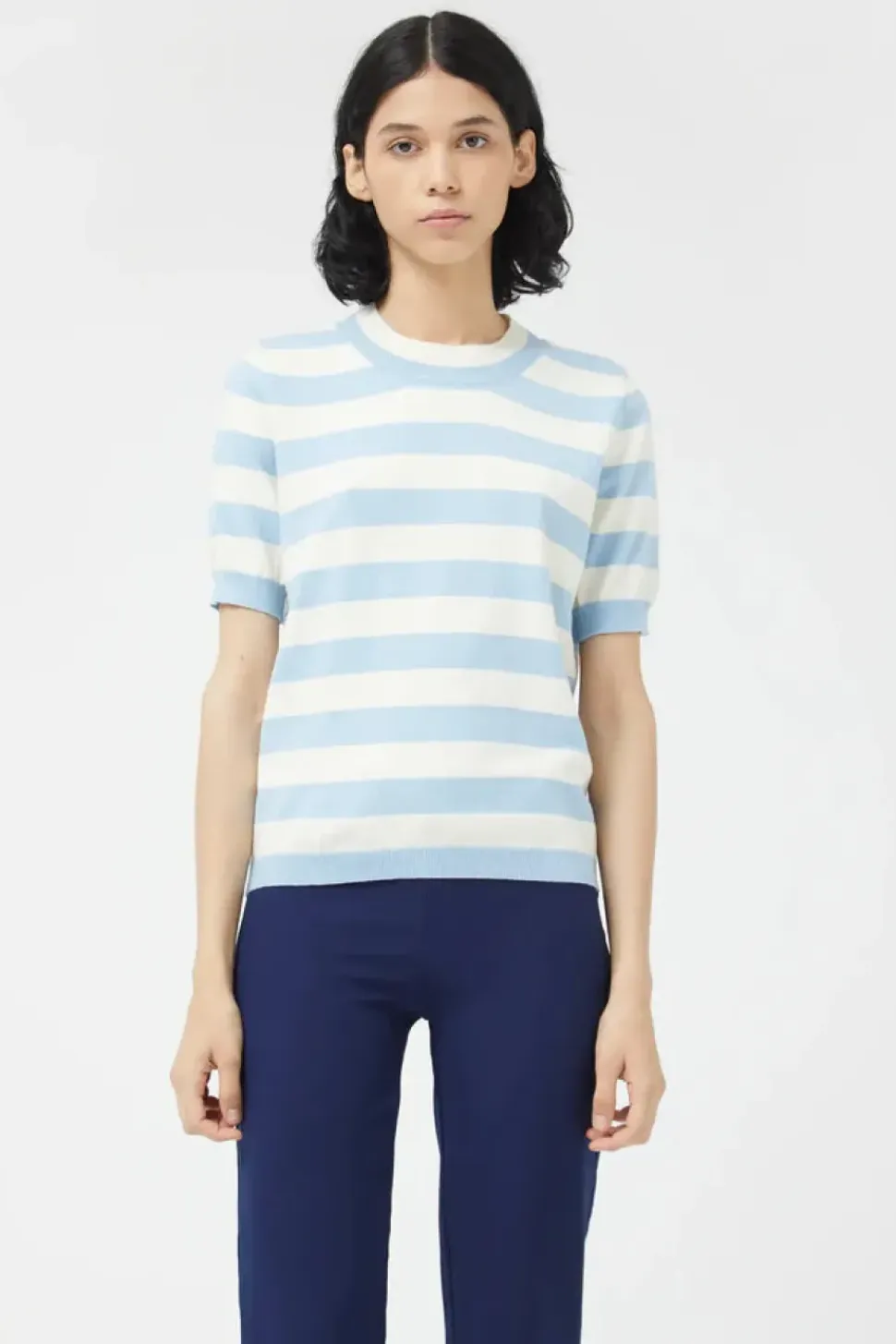 Striped Short Sleeve Sweater - Blue
