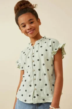 Textured Floral Print Ruffle Collar Shirt