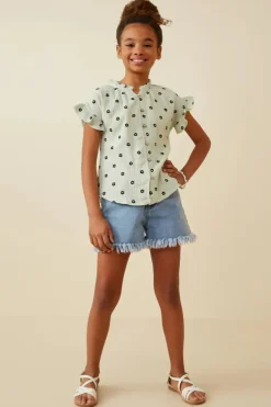 Textured Floral Print Ruffle Collar Shirt