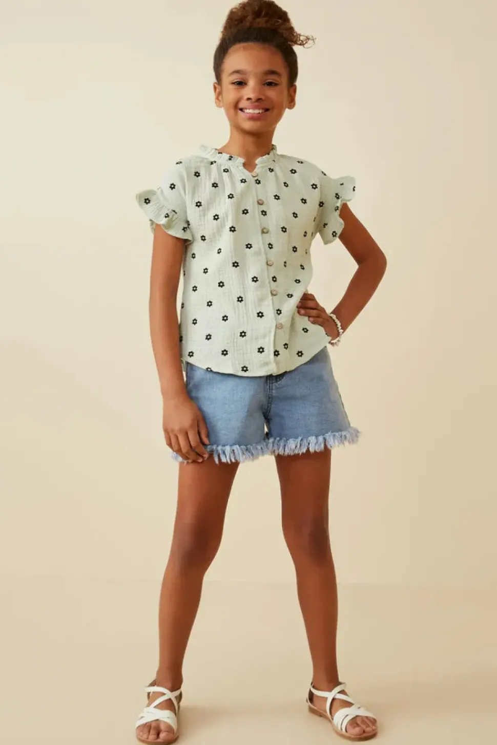 Textured Floral Print Ruffle Collar Shirt
