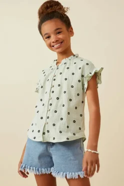 Textured Floral Print Ruffle Collar Shirt