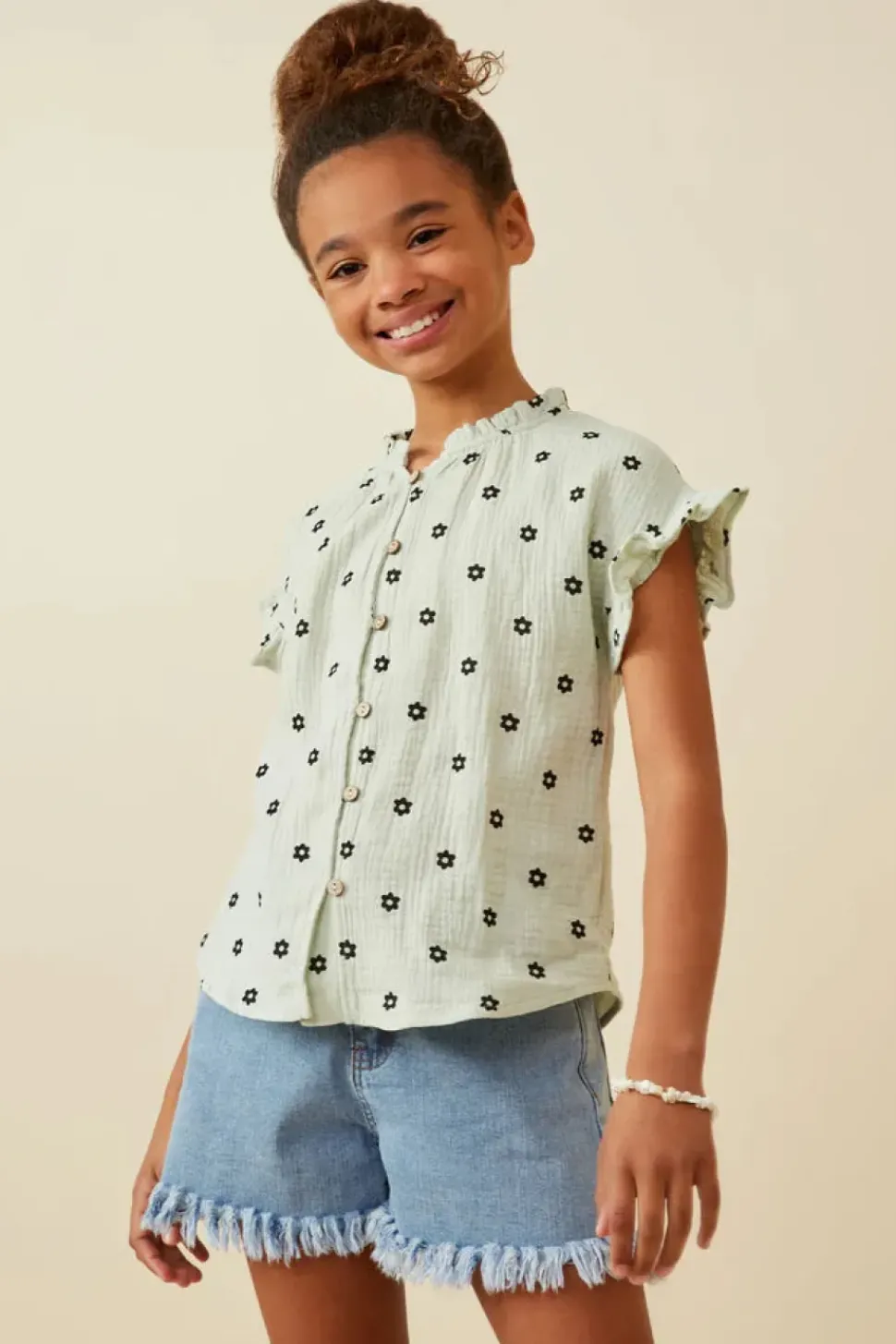 Textured Floral Print Ruffle Collar Shirt