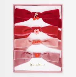 Velvet Bows With Charms Hair Clips (x 4)