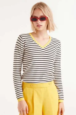 V-Neck Striped Sweater - Black/White